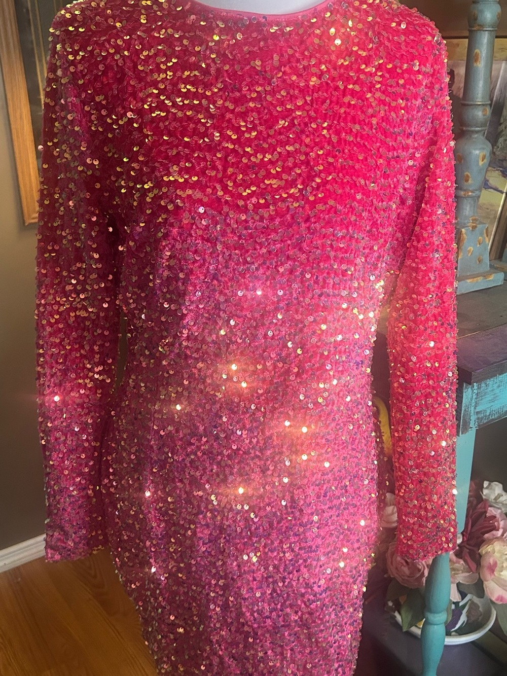 Boohoo NWT Pink Sequin Dress Size 14 Long Sleeve Lined Party Dress